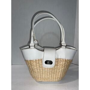 Straw Wicker Mini Purse White Faux Leather Trim Structured Bags